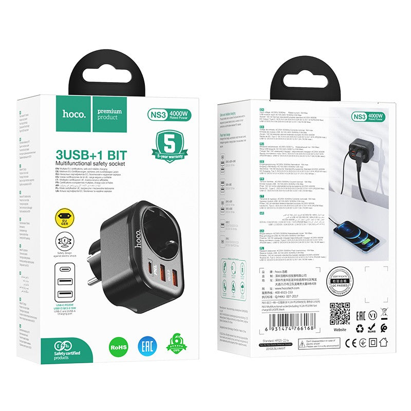 Įkroviklis Hoco NS3 2xUSB-A/1xType-C PD20W+QC 3.0 juodas