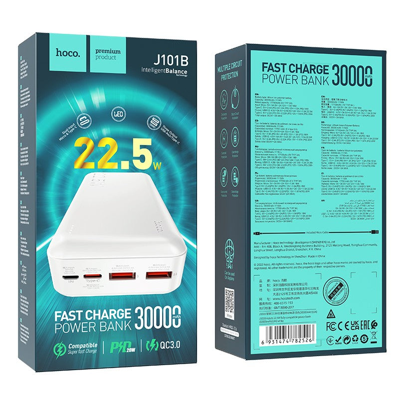 Išorinė baterija Power Bank Hoco J101B PD 20W+Quick Charge 3.0 22.5W 30000mAh baltas