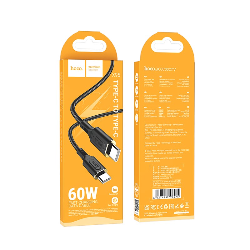 USB kabelis Hoco X95 60W Type-C to Type-C 1.0m juodas