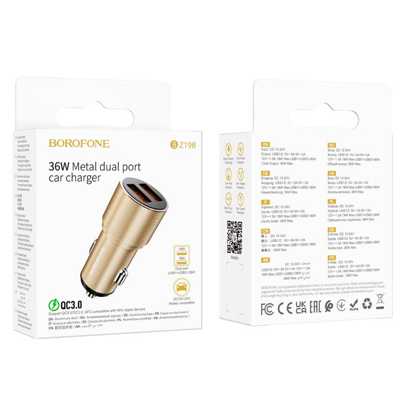 Automobilinis įkroviklis Borofone BZ19B 2xUSB-A QC3.0 36W auksinis