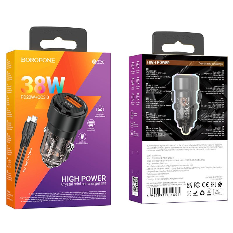 Automobilinis įkroviklis Borofone BZ20 PD20W+QC3.0 38W + Type-C juodas