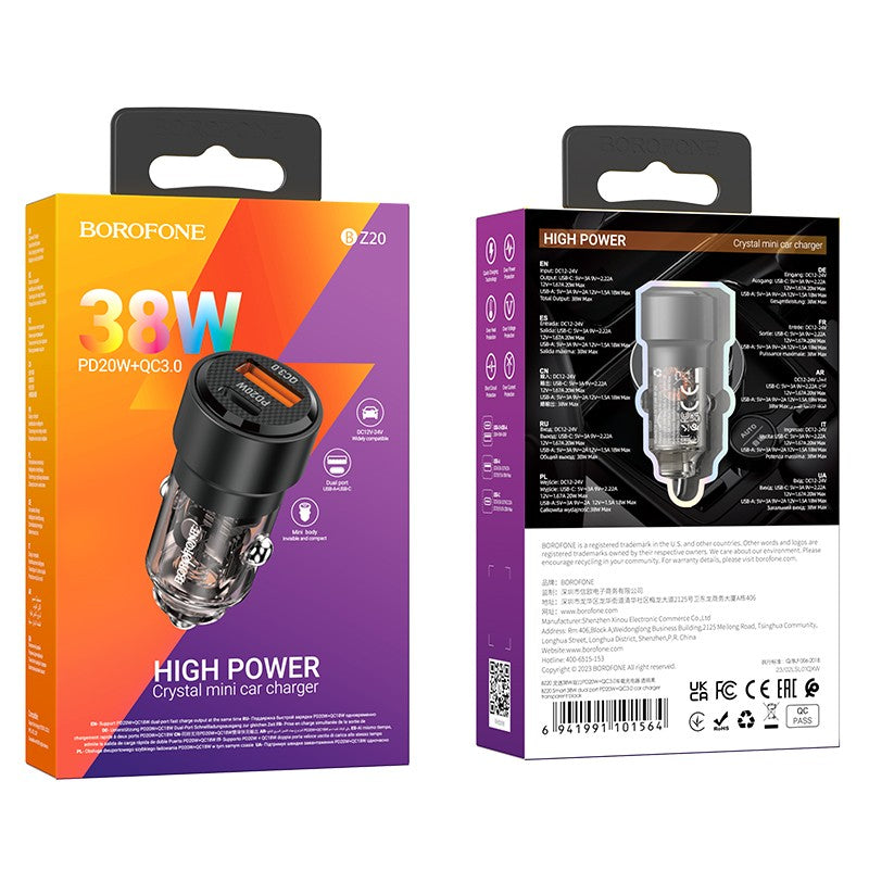 Automobilinis įkroviklis Borofone BZ20 PD20W+QC3.0 38W juodas