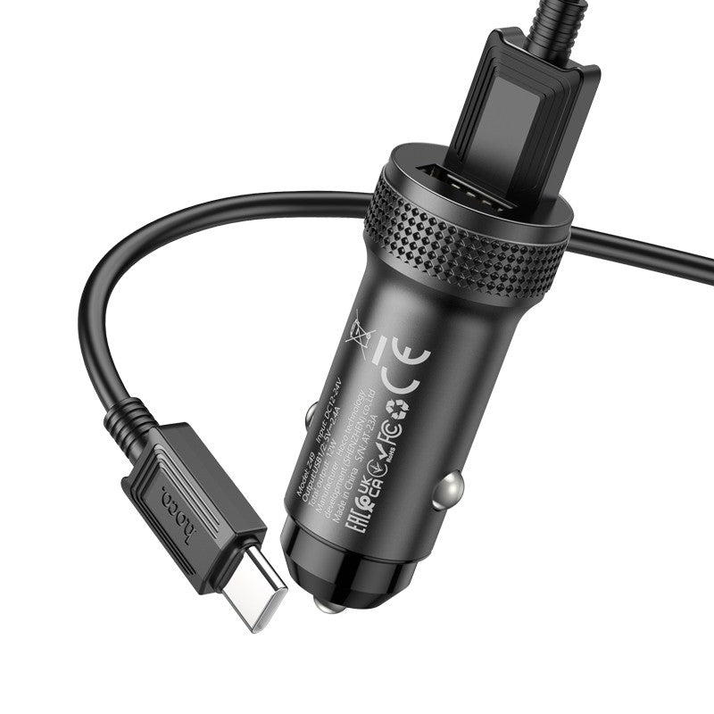 Automobilinis įkroviklis Hoco Z49 2xUSB-A + Type-C juodas