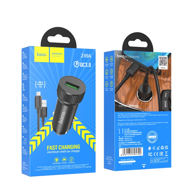 Automobilinis įkroviklis Hoco Z49A QC3.0 18W + MicroUSB juodas