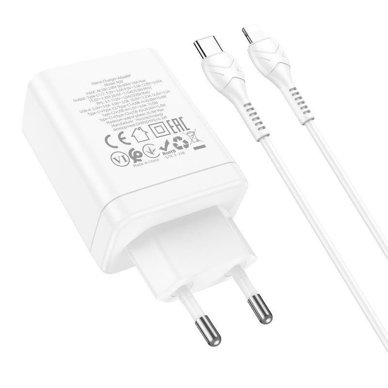 Įkroviklis Hoco N33 1xUSB-A/2xType-C 35W + Lightning baltas