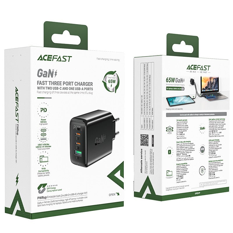 Įkroviklis Acefast A41 65W GaN 2xUSB-C/1xUSB-A juodas
