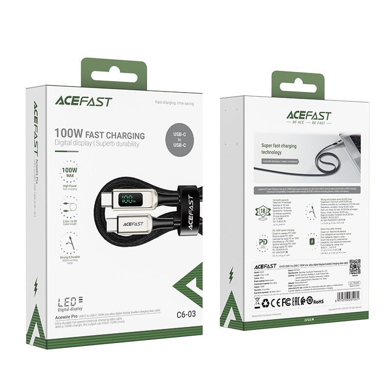 USB kabelis Acefast C6-03 100W USB-C to USB-C 2.0m sidabrinis