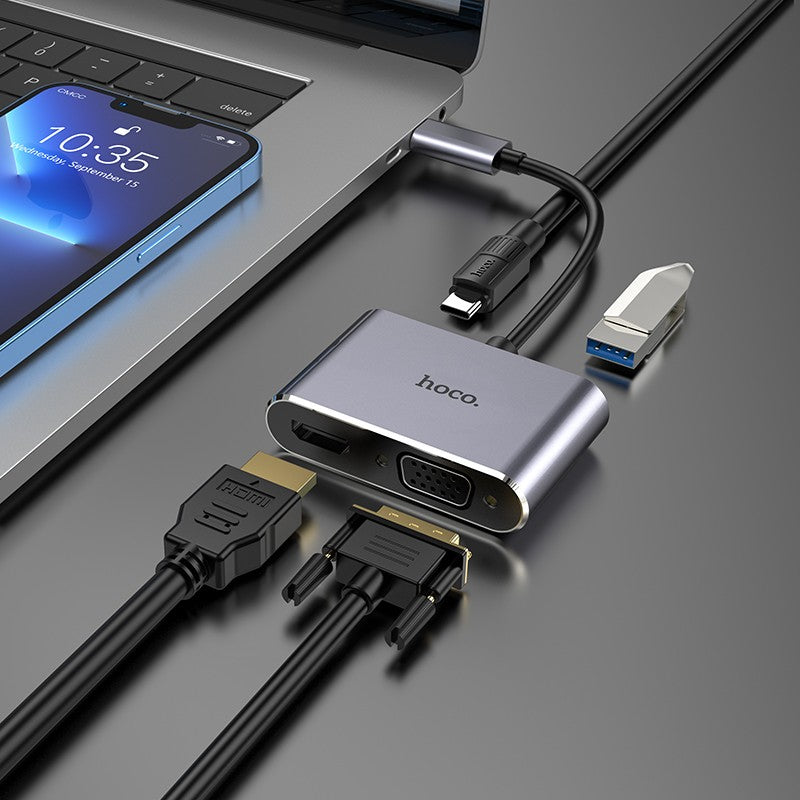 Adapteris Hoco HB30 Type-C to HDMI+VGA+USB-A3.0+Type-C pilkas