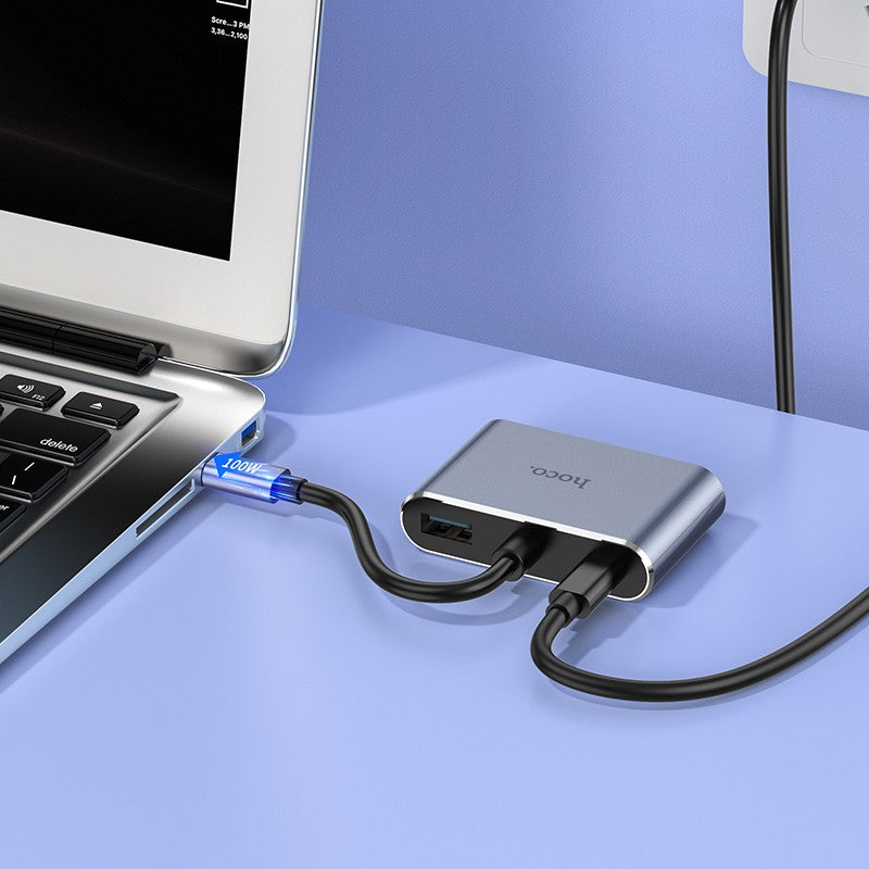 Adapteris Hoco HB30 Type-C to HDMI+VGA+USB-A3.0+Type-C pilkas