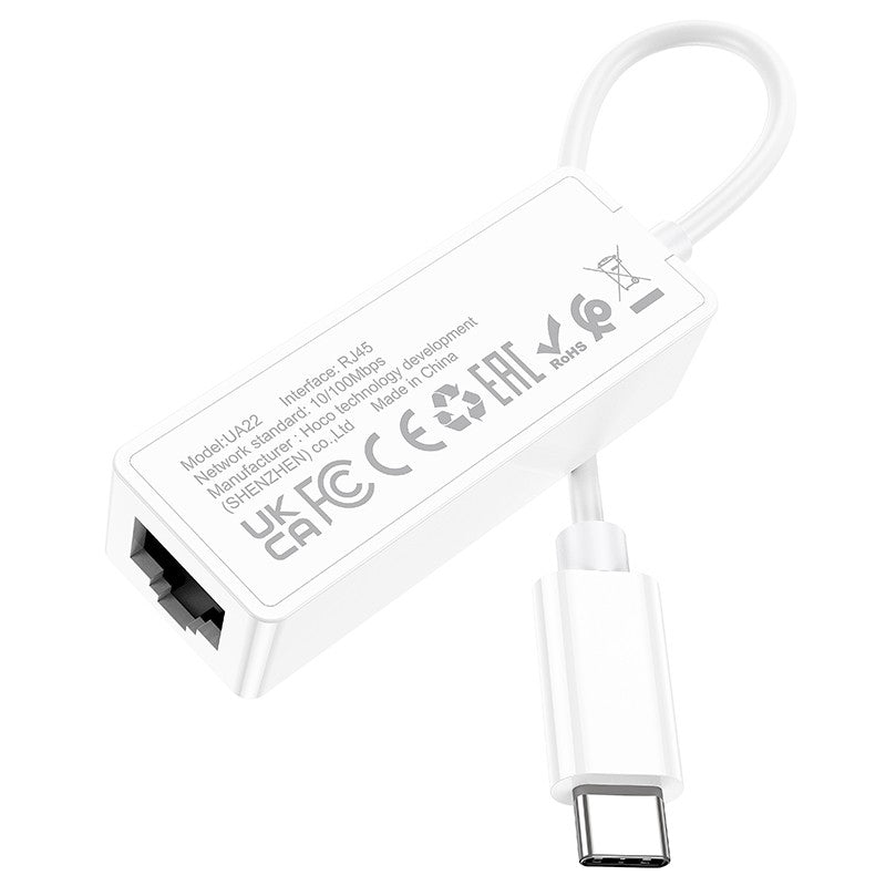 Adapteris Hoco UA22 Type-C to RJ45 100 Mbps baltas