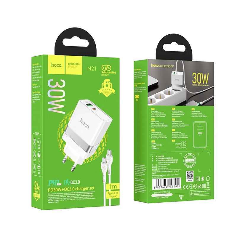 Įkroviklis Hoco N21 USB-A/Type-C PD30W+QC3.0 + Type-C baltas
