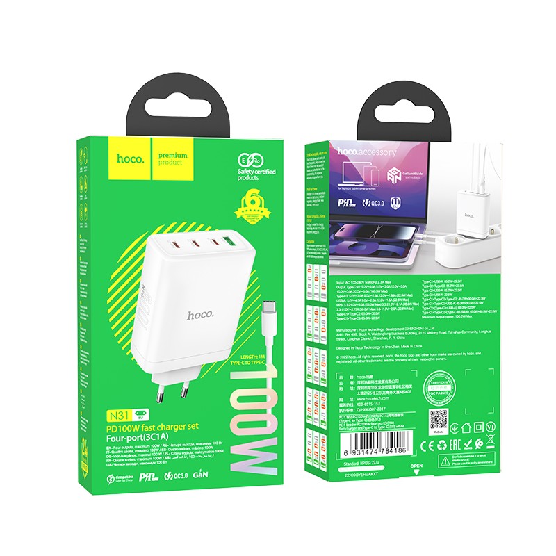 Įkroviklis Hoco N31 PD100W 3xType-C/1xUSB-A + Type-C baltas