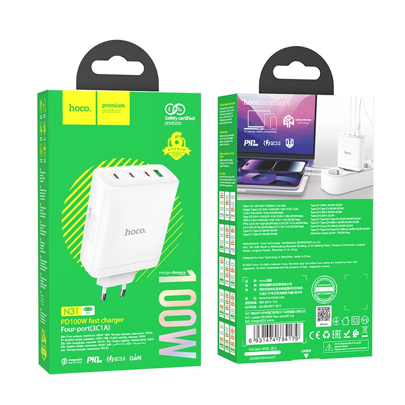 Įkroviklis Hoco N31 PD100W 3xType-C/1xUSB-A baltas