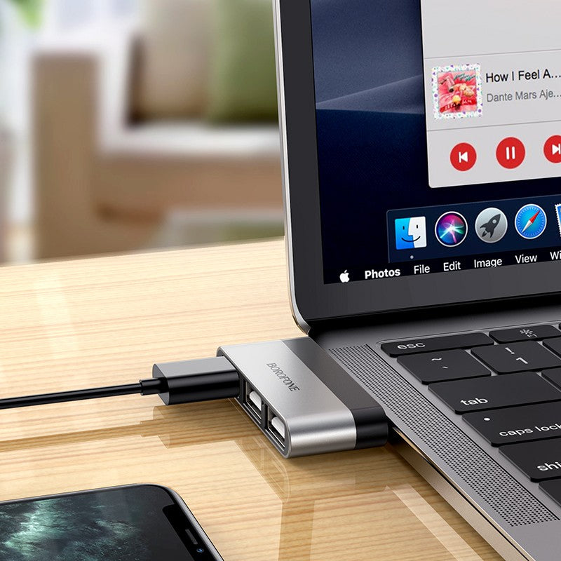 Adapteris Borofone DH1 Type-C to 1xUSB3.0 + 2xUSB2.0 pilkas