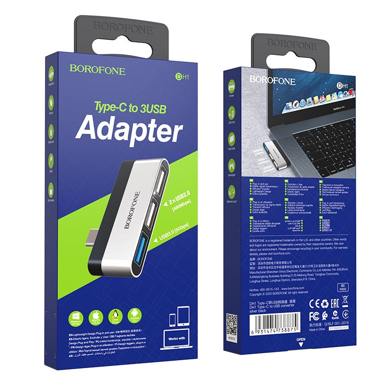 Adapteris Borofone DH1 Type-C to 1xUSB3.0 + 2xUSB2.0 pilkas