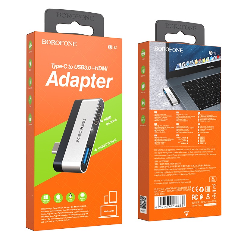 Adapteris Borofone DH2 Type-C to HDMI + USB3.0 pilkas