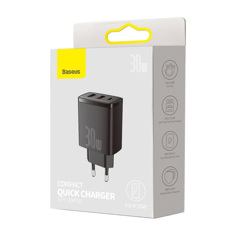 Įkroviklis Baseus Compact Quick Charger 2xUSB/Type-C 30W juodas CCXJ-E01