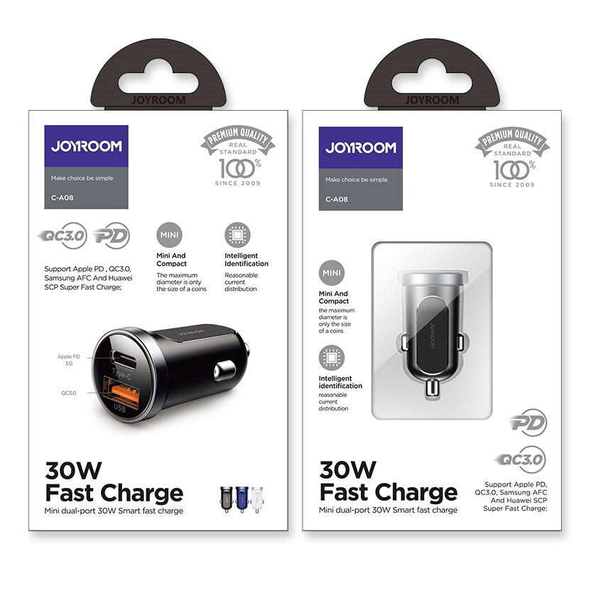 Automobilinis įkroviklis Joyroom C-A08 USB/Type-C 30W juodas