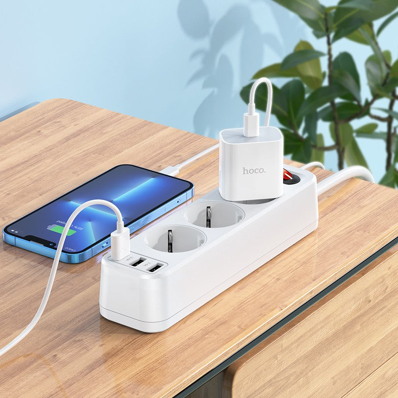 Ilgiklis Hoco NS2 Aura 3 lizdų + 3xUSB-A 1.8m baltas