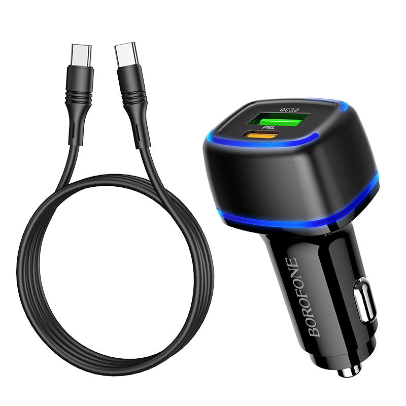 Automobilinis įkroviklis Borofone BZ14A PD20W+QC3.0 su 2 USB jungtimis (Type-C to Type-C) juodas