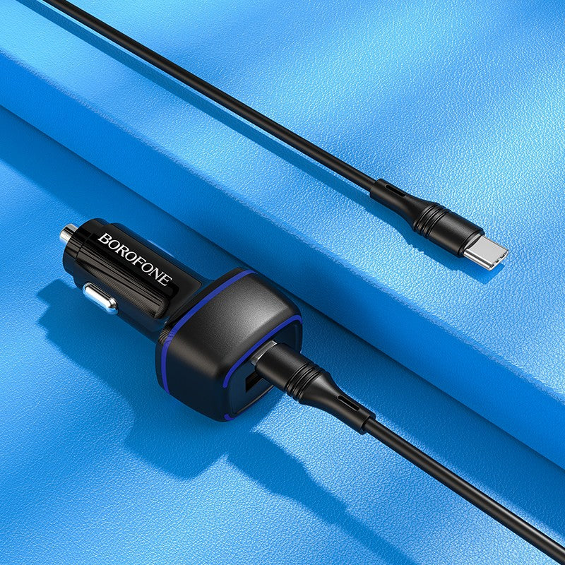 Automobilinis įkroviklis Borofone BZ14A PD20W+QC3.0 su 2 USB jungtimis (Type-C to Type-C) juodas