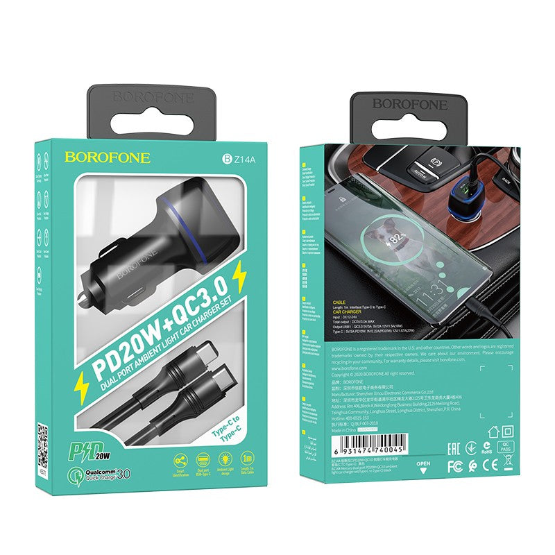 Automobilinis įkroviklis Borofone BZ14A PD20W+QC3.0 su 2 USB jungtimis (Type-C to Type-C) juodas