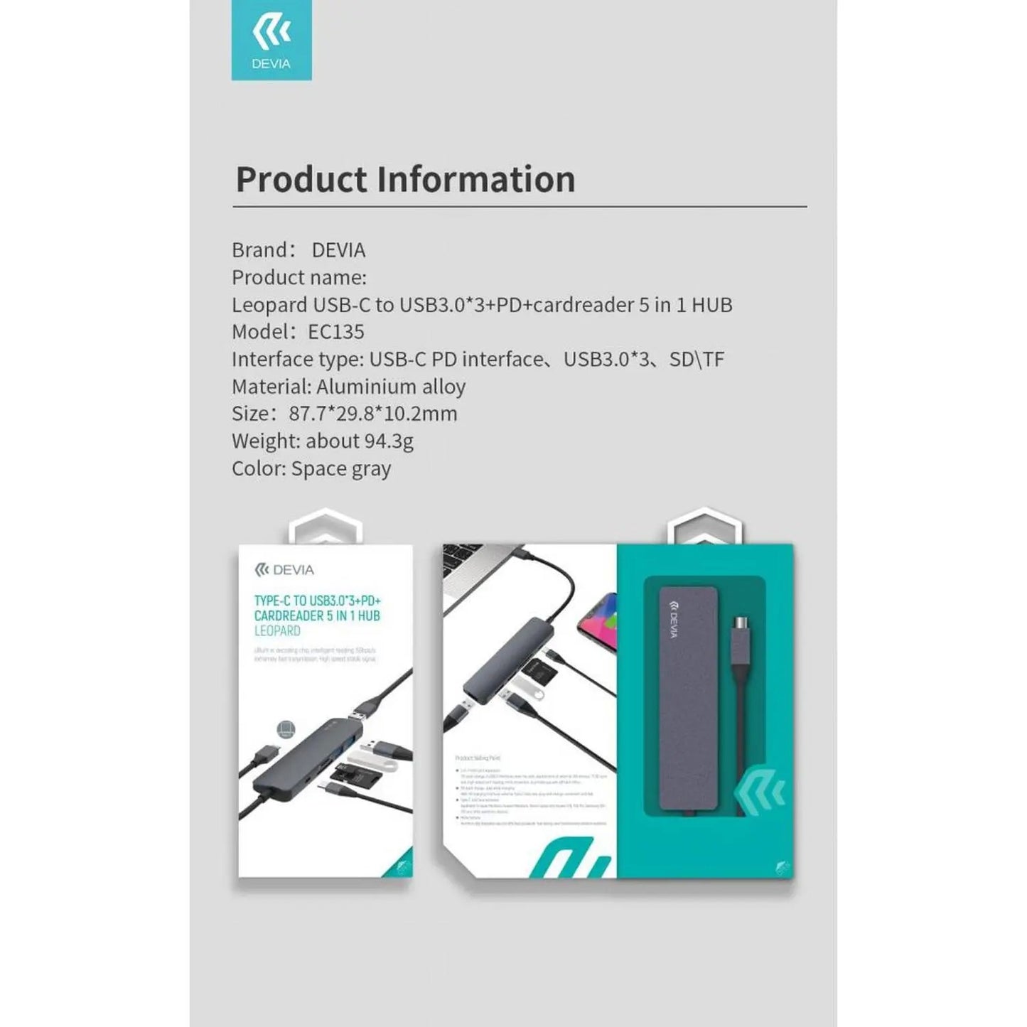 Adapteris Devia Leopard HUB 5 In 1 iš Type-C į USB 3*3 į microSD į Type-C pilkas