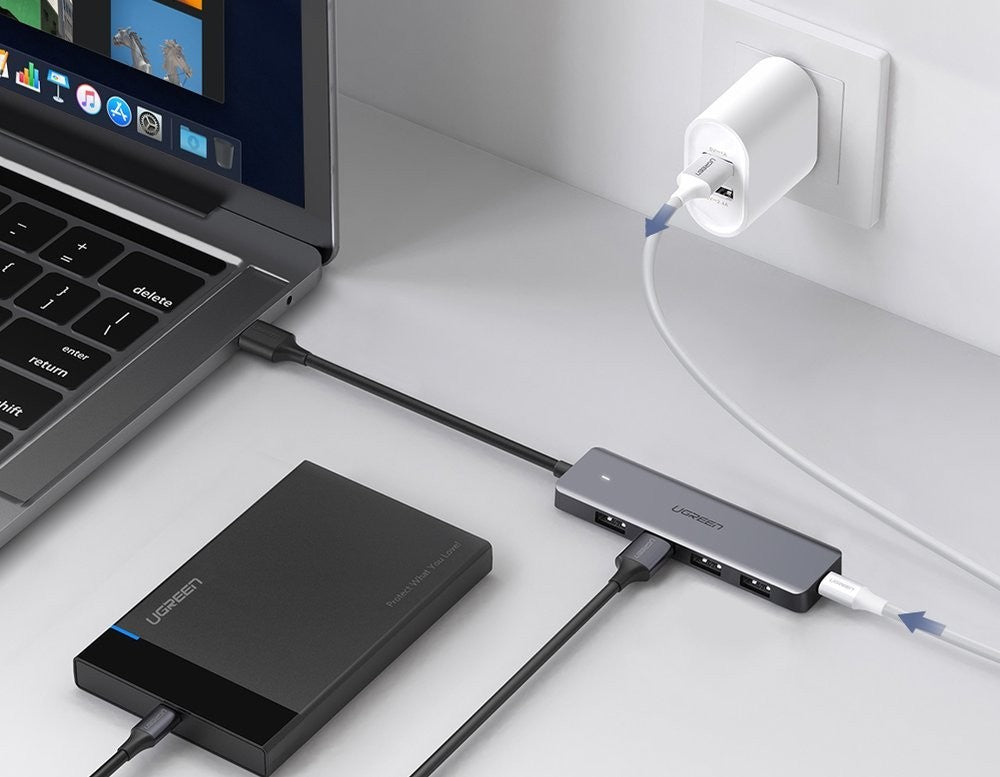 USB šakotuvas Ugreen CM219 USB-A to 4xUSB-A (MicroUSB Power Supply) pilkas