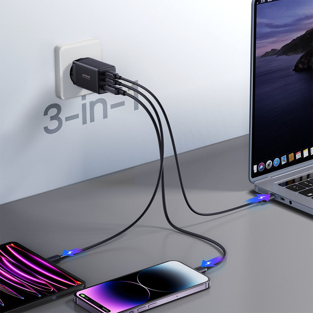 Įkroviklis Joyroom GaN JR-TCG01 2xUSB-C/USB-A 65W + USB-C cable 1.2m juodas