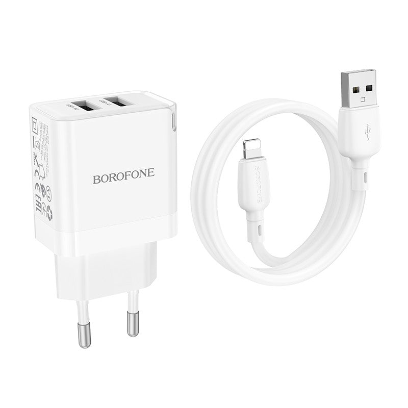 Įkroviklis Borofone BN15 2xUSB-A + USB-A to Lightning cable 1.0m baltas