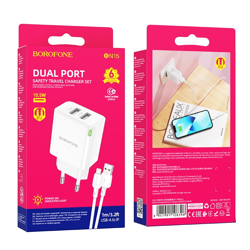 Įkroviklis Borofone BN15 2xUSB-A + USB-A to Lightning cable 1.0m baltas