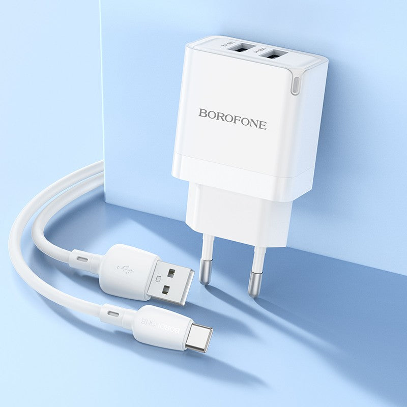 Įkroviklis Borofone BN15 2xUSB-A + USB-A to USB-C cable 1.0m baltas