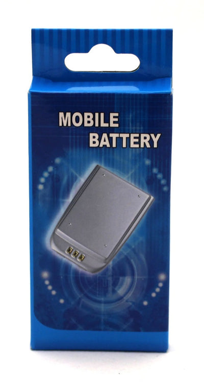 Mėlyna dėžutė su mobiliuoju akumuliatoriumi, baltas tekstas „MOBILE BATTERY“, fonas tamsiai mėlynas.