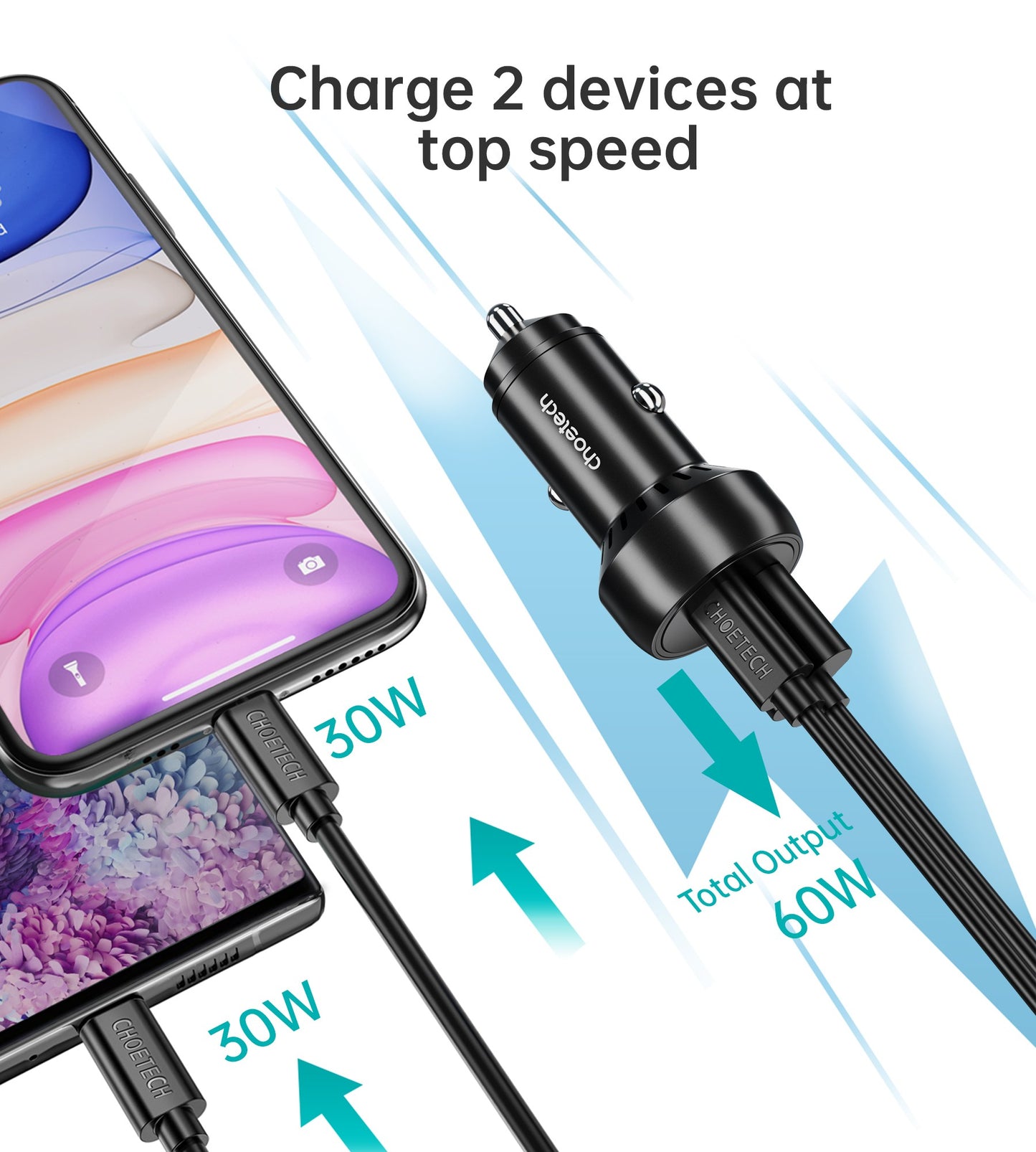 Automobilinis įkroviklis Choetech TC0014 USB-C/USB-A 60W juodas