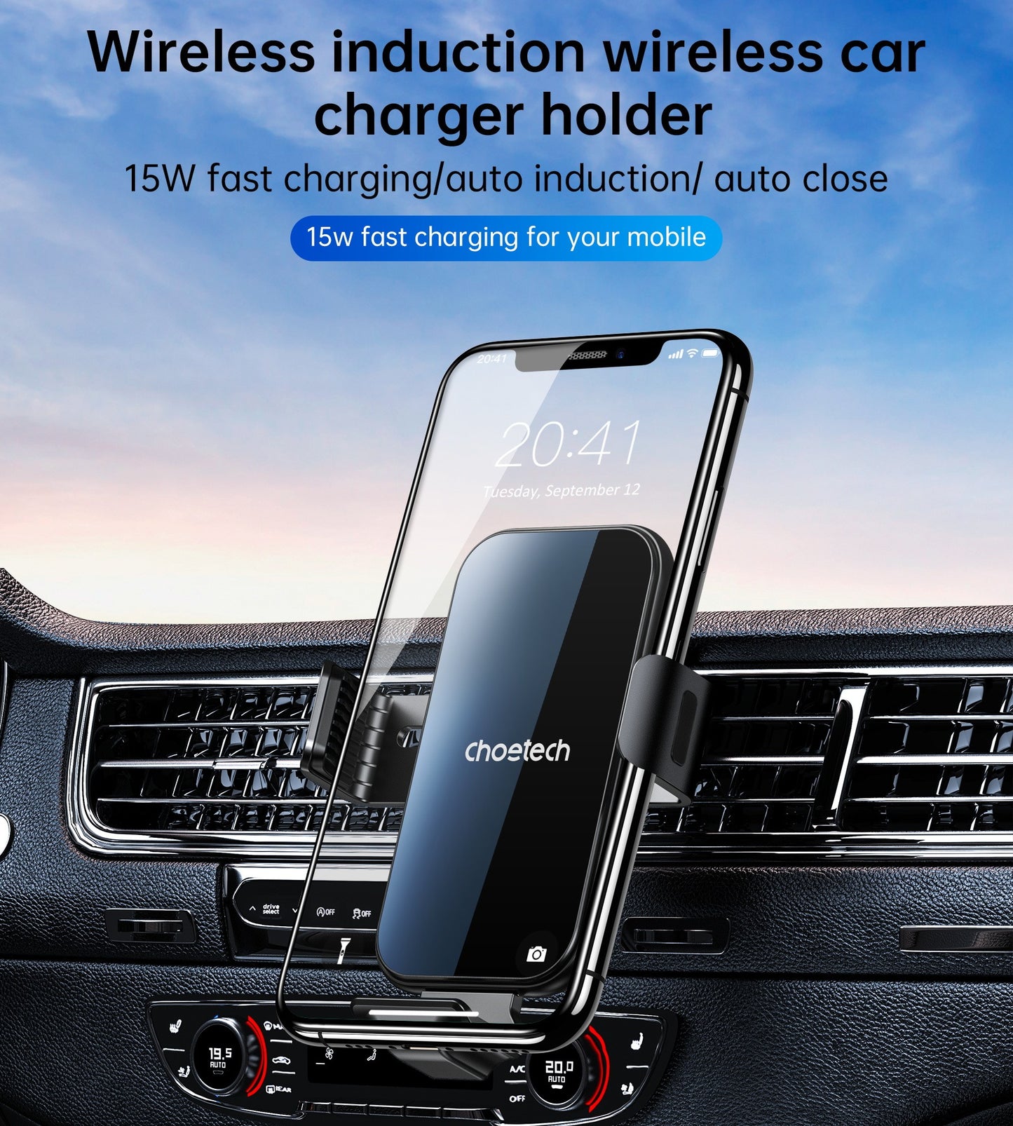 Automobilinis laikiklis-įkroviklis Choetech 15W Electric Car Wireless Charger With Magnetic Head T201-F juodas