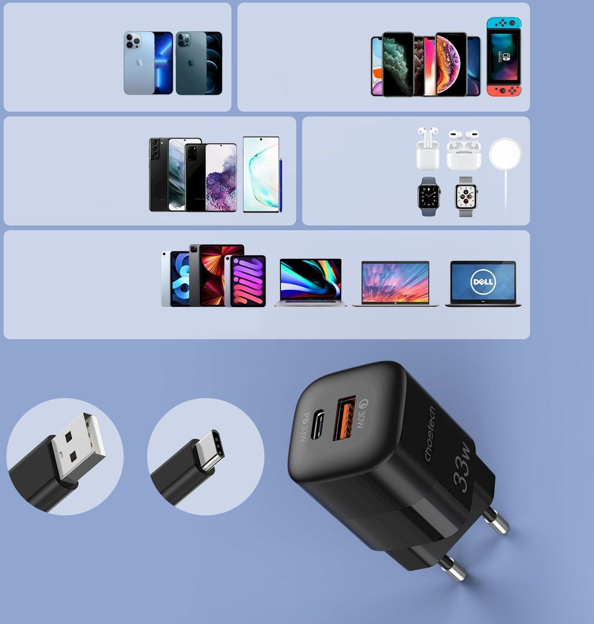 Įkroviklis Choetech PD5006 USB-C/USB-A 33W juodas
