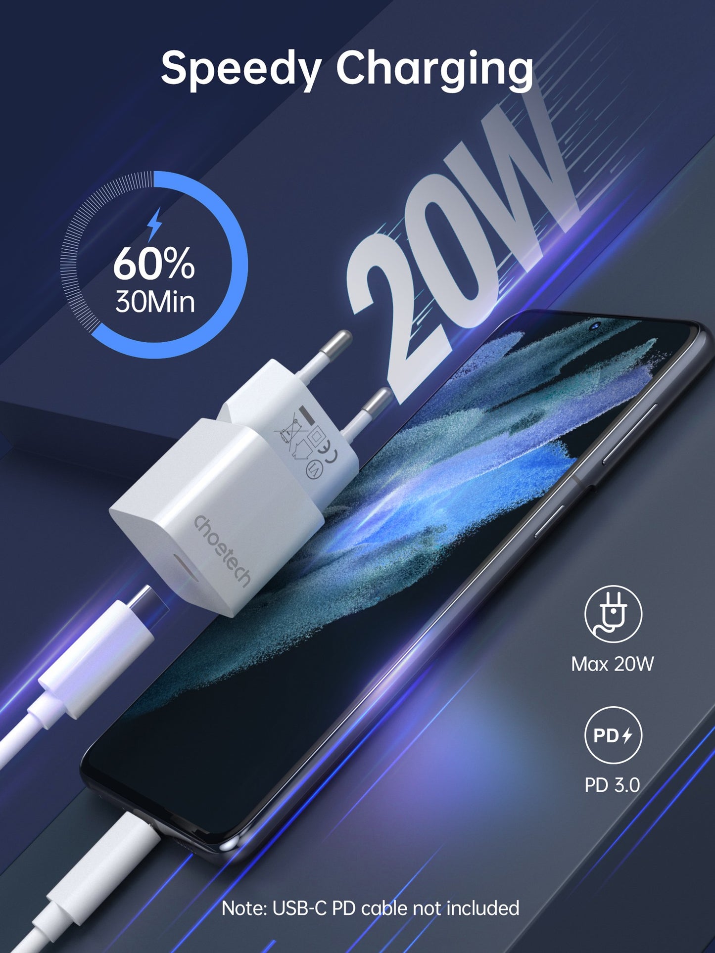 Įkroviklis Choetech PD5010 USB-C PD20W GaN baltas