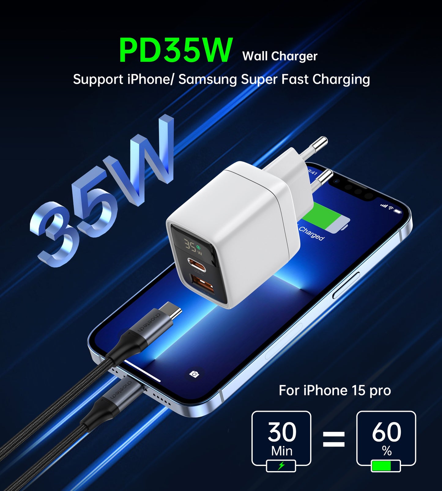 Įkroviklis Choetech PD6052 USB-C/USB-A PD35W GaN baltas