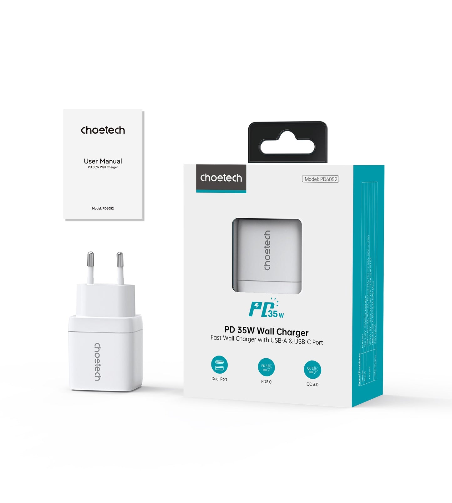 Įkroviklis Choetech PD6052 USB-C/USB-A PD35W GaN baltas