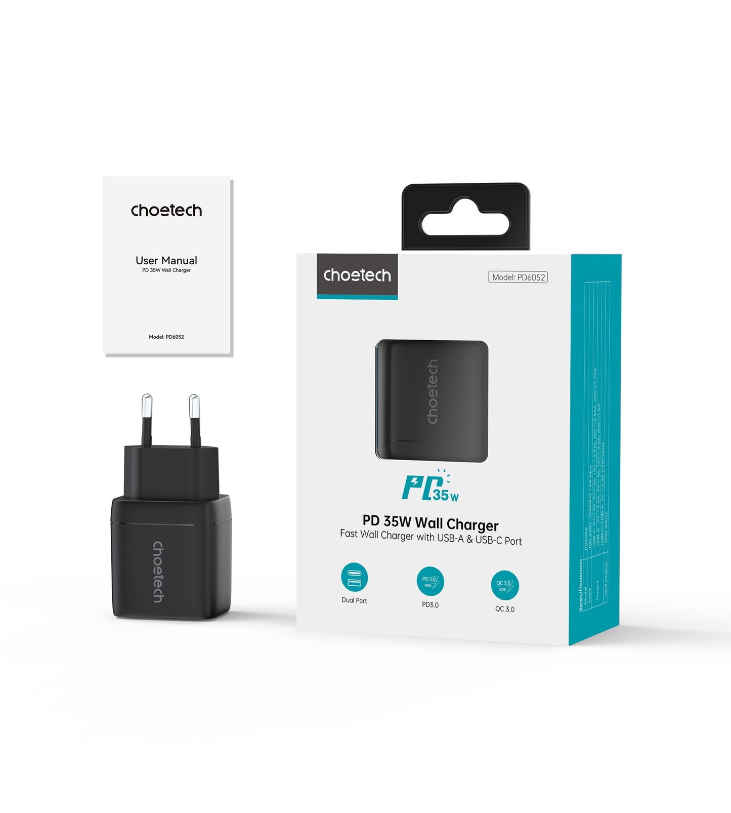 Įkroviklis Choetech PD6052 USB-C/USB-A PD35W GaN juodas