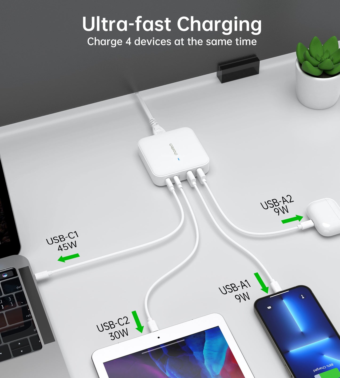 Įkroviklis Choetech PD8008 2xUSB-C/2xUSB-A GaN 100W baltas