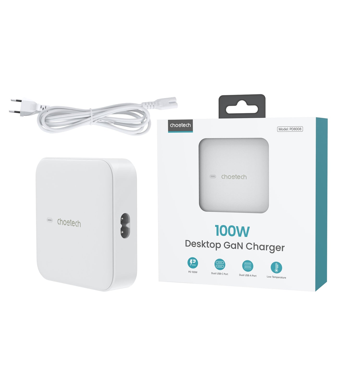 Įkroviklis Choetech PD8008 2xUSB-C/2xUSB-A GaN 100W baltas