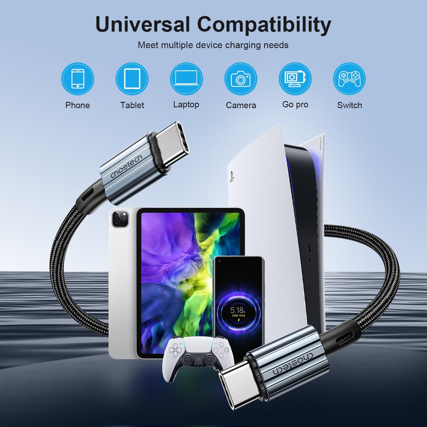 USB kabelis Choetech XCC-1014 USB-C to USB-C PD60W 1.2m juodas
