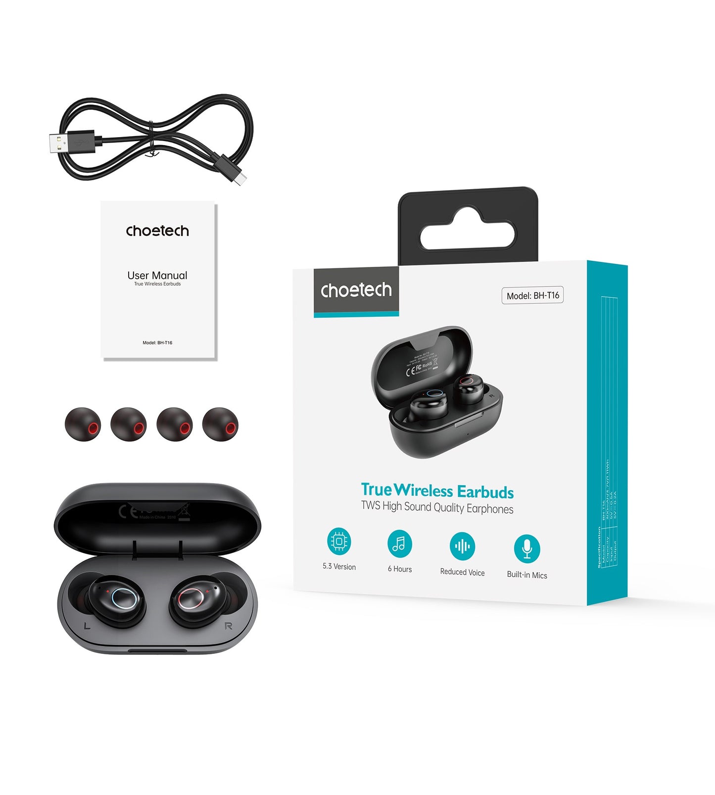Belaidės ausinės Choetech BH-T16 Hi-Fi Bean TWS juodos