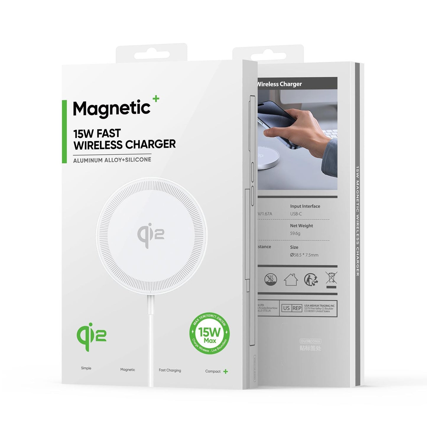 Įkroviklis belaidis DUZZONA W18 Qi2 Magnetic Wireless Charger 15W baltas