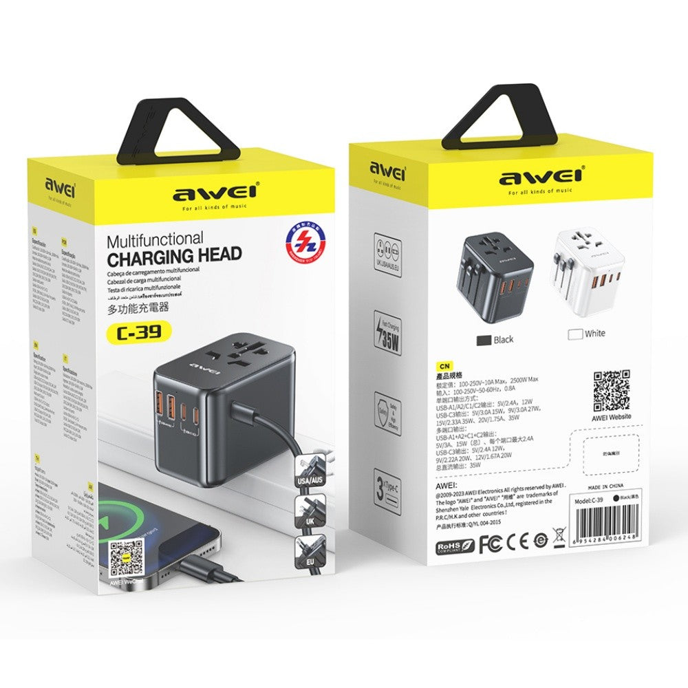 Universalus kelioninis įkroviklis Awei C-39 GaN 35W 2xUSB-A/3xUSB-C juodas