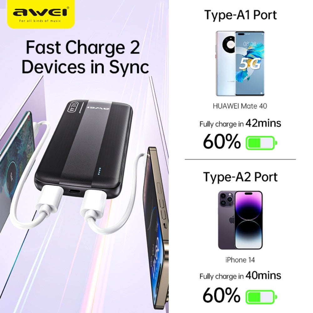 Išorinė baterija Power Bank Awei P20K 5V/2.4A 10000mAh juoda
