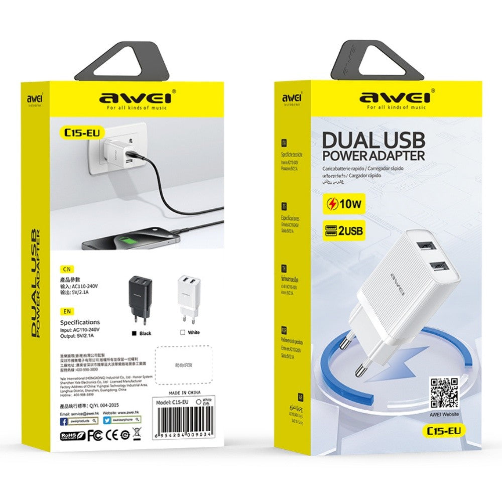 Įkroviklis Awei C15T-EU 2xUSB-A 10W + USB to USB-C cable baltas