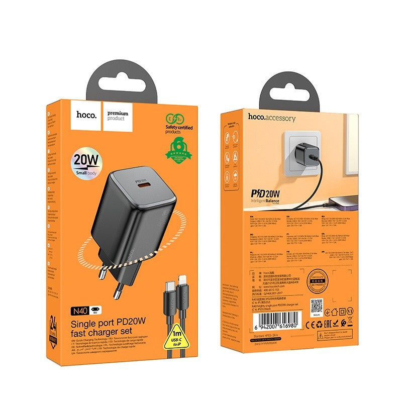 Įkroviklis Hoco N40 USB-C PD20W + USB-C to Lightning 1.0m juodas