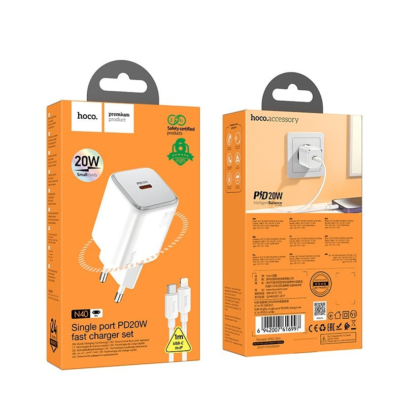 Įkroviklis Hoco N40 USB-C PD20W + USB-C to USB-C 1.0m baltas